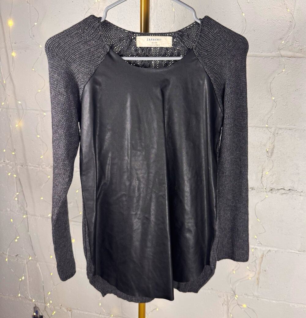 zara knit women's M gray black faux leather front mixed media sweater